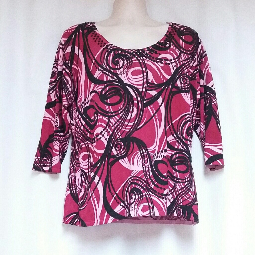 CDP & CO. Knit Top Pink Black Swirls with Sequins
